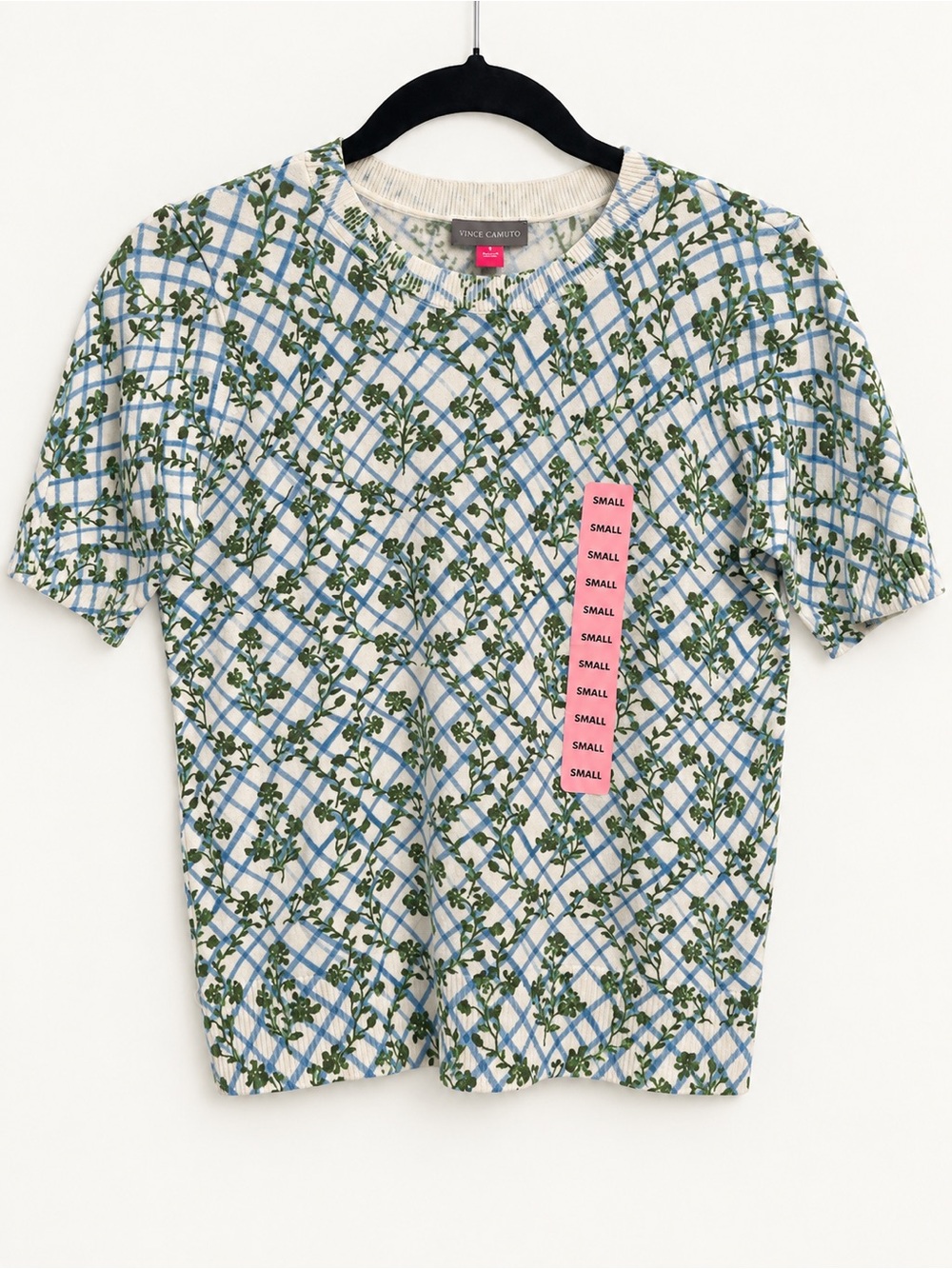 Vince Camuto Blue and Green Floral Plaid Short Sleeve Tee